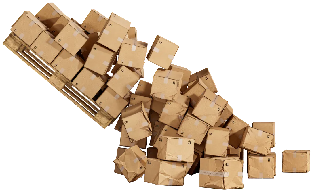 A pallet load collapsing, cartons spilling off the pallet